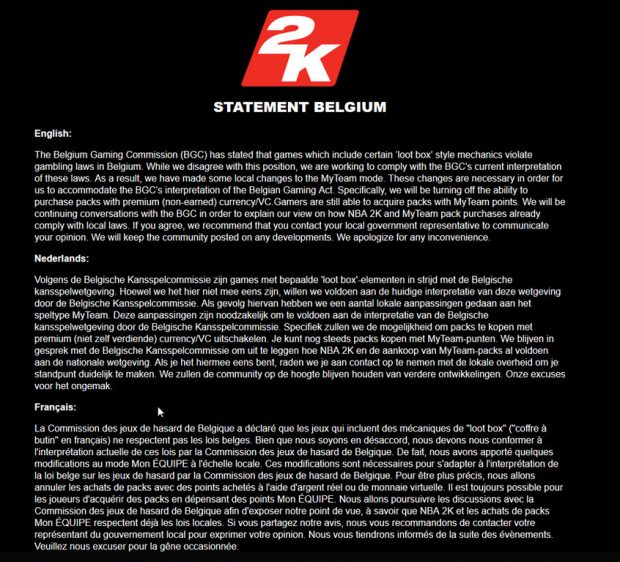 2K begs Belgians to allow loot boxes